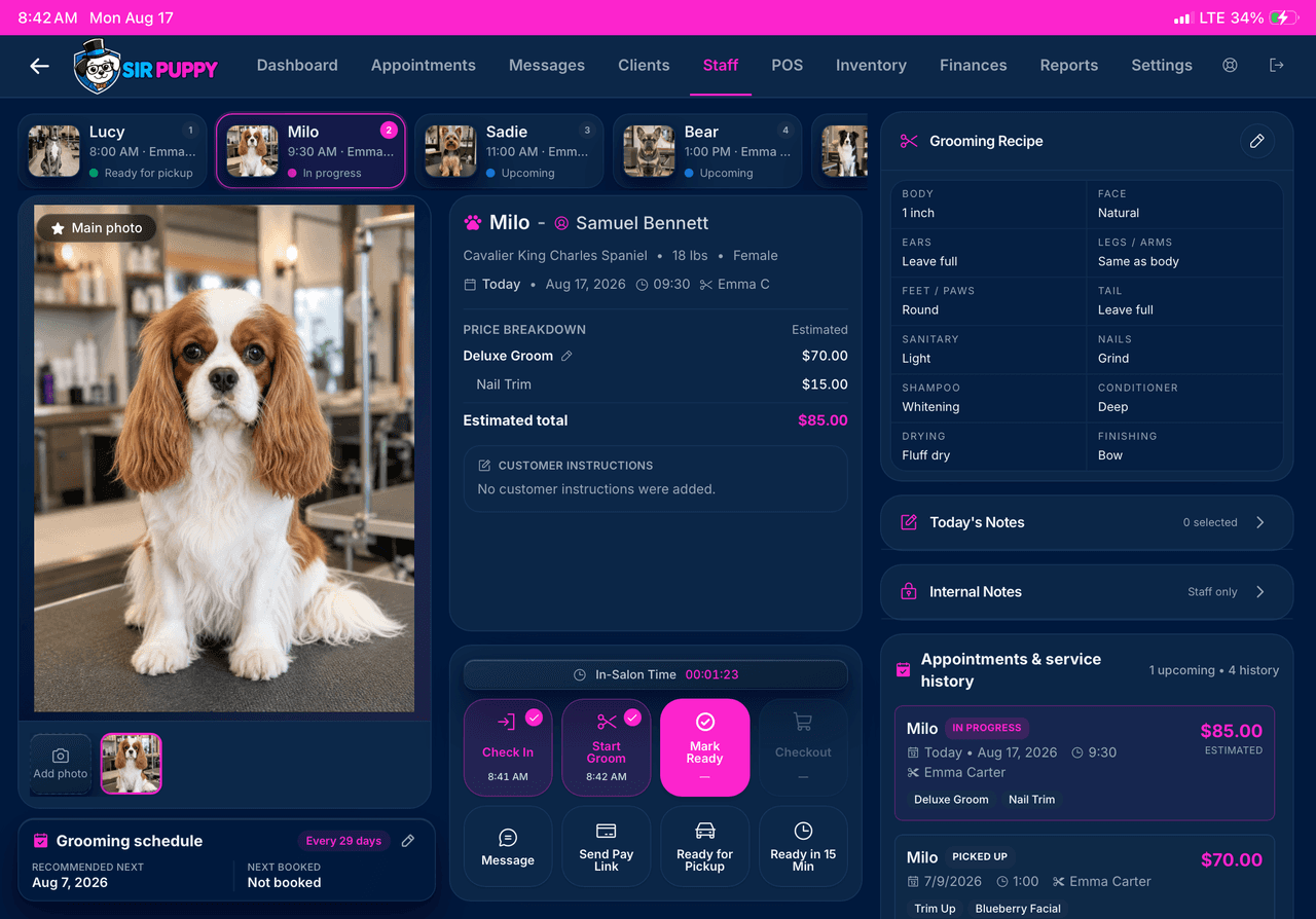 Sir Puppy Groomer’s Portal showing the active dog, grooming recipe, appointment history, grooming status controls, messaging, payment link, and pickup notification actions