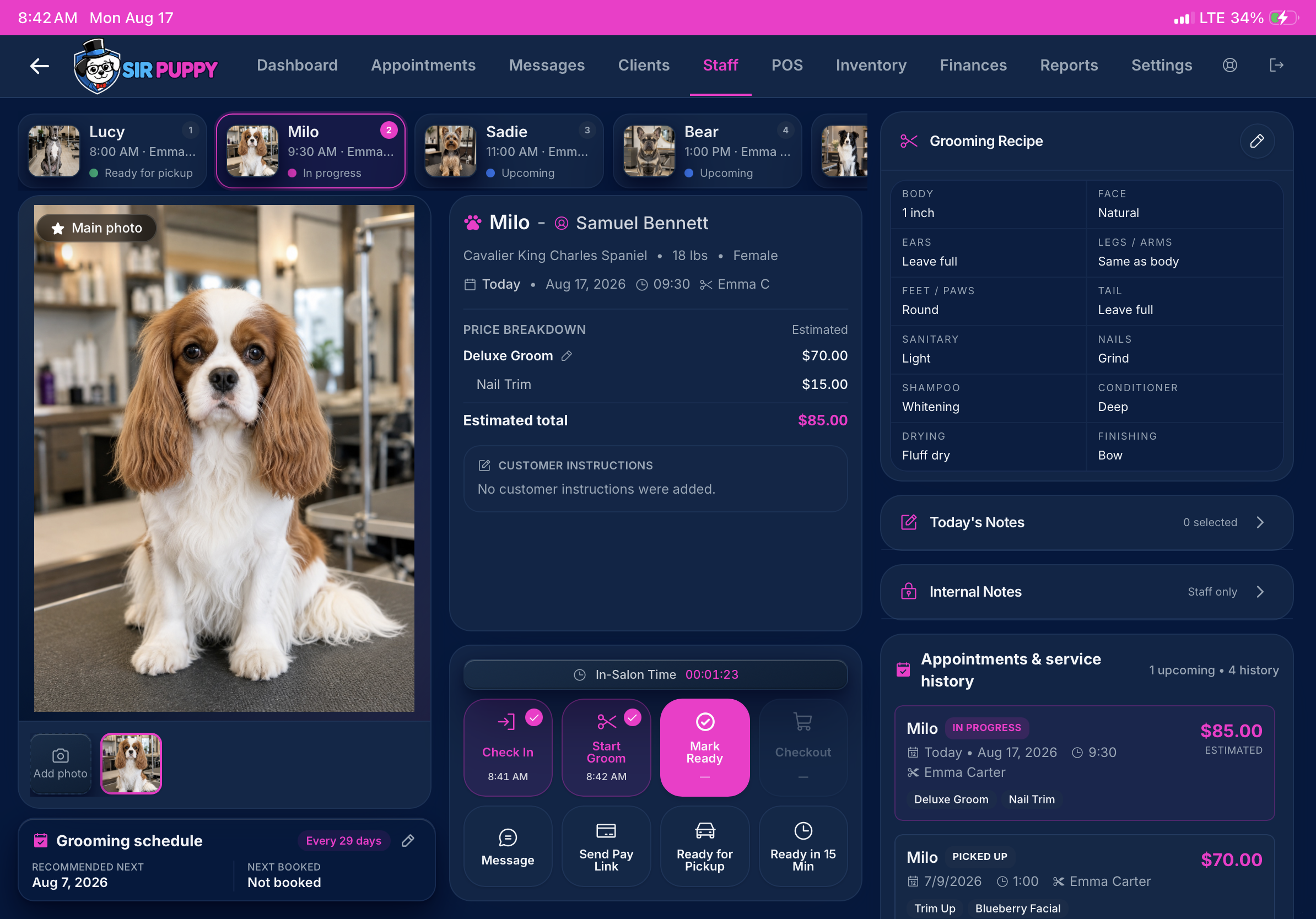 Sir Puppy Groomer’s Portal showing the active dog, grooming recipe, appointment history, grooming status controls, messaging, payment link, and pickup notification actions
