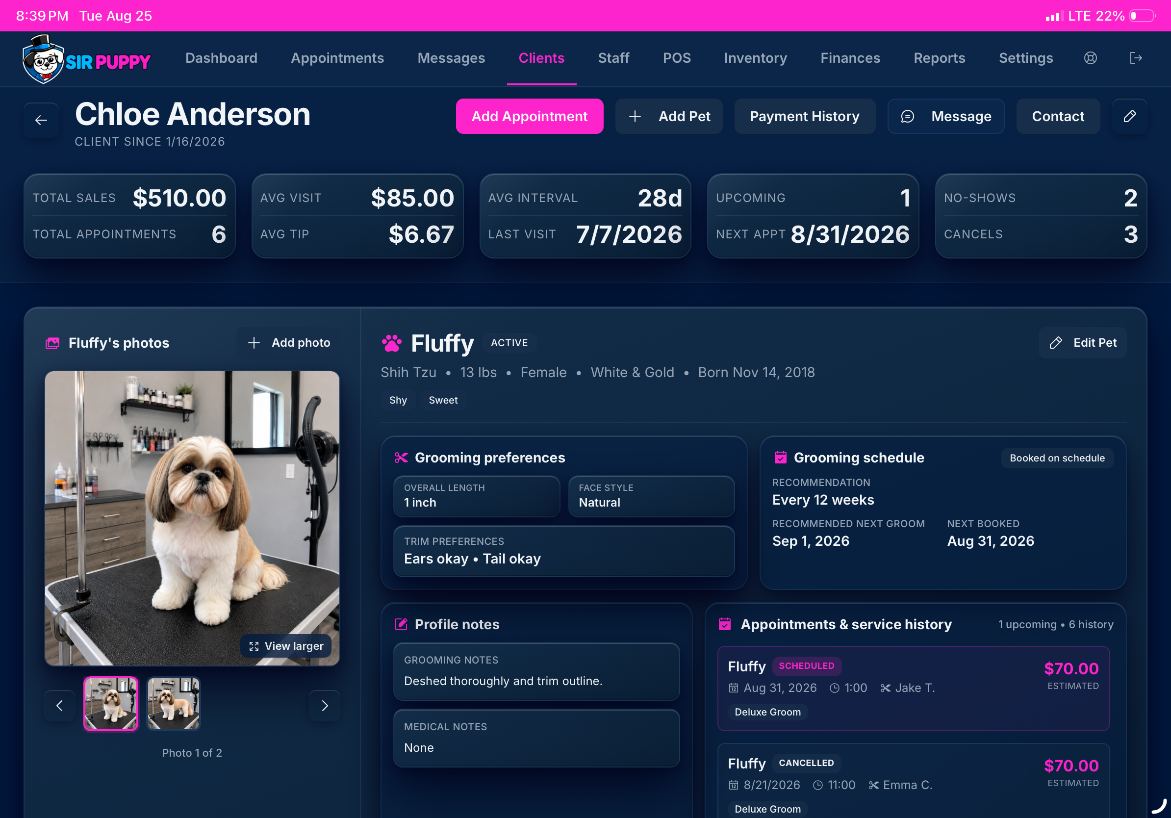 Client and pet profile view